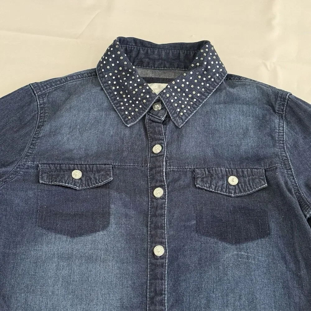 Justice Girls 12 Denim Button Down Shrit Western Rhinestone Sparkle Blue Country